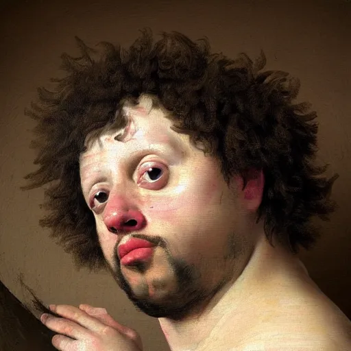 Image similar to A 17th century Baroque Painting of Gene Ween, grainy, realistic, hyperrealistic, very realistic, very very realistic, highly detailed, very detailed, extremely detailed, detailed, digital art, trending on artstation, detailed face, very detailed face, very detailed face, realism, HD Quality, 8k resolution, intricate details, body and head in frame, painting, oil painting, trending on deviantart, Baroque Painting