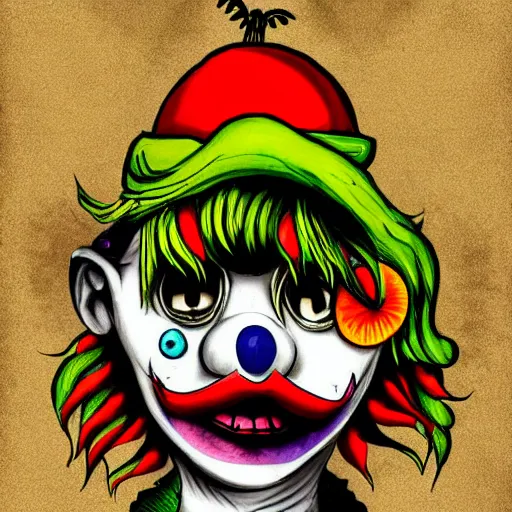 Prompt: grunge drawing of a cartoon clown by mrrevenge, horror themed, detailed, elegant, intricate