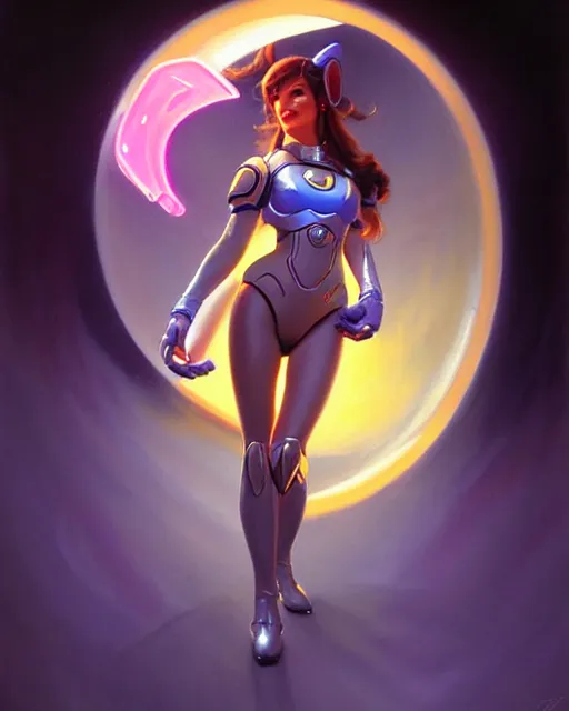 Image similar to d. va from overwatch, character portrait, portrait, close up, vintage fantasy art, vintage sci - fi art, radiant light, caustics, by boris vallejo