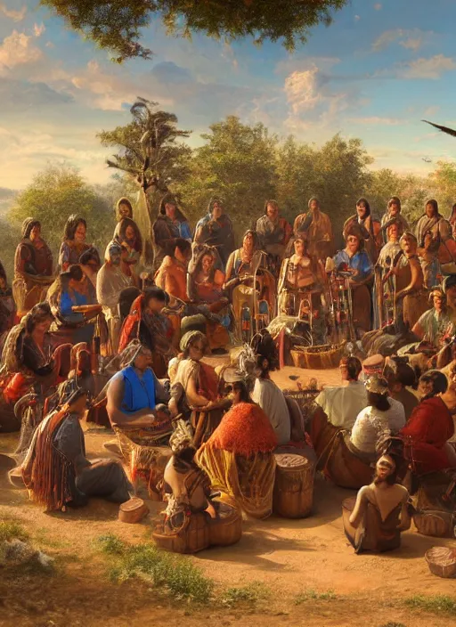 Prompt: a painting of indigenous people sitting in circle and playing music, matte painting, highly detailed, fantasy art