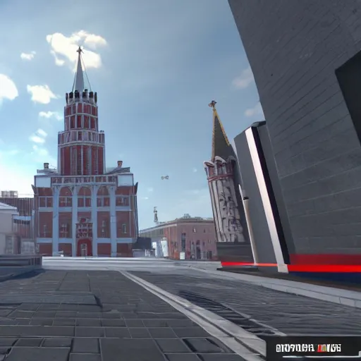 Image similar to mirror's edge in moscow russia, unreal engine, game screenshot with hud and hands