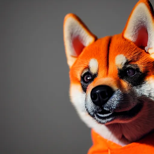 Prompt: a high detail photo of a shiba inu wearing an orange hoodie,photorealistic,hyperdetailed,professional lighting,studio photo,studio lighting,detailed face,depth of field,focus