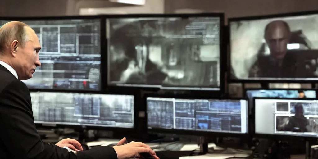 Image similar to vladimir putin hacking into the mainframe, multiple screens and monitors, dark atmosphere, creepy, very detailed, realistic photography