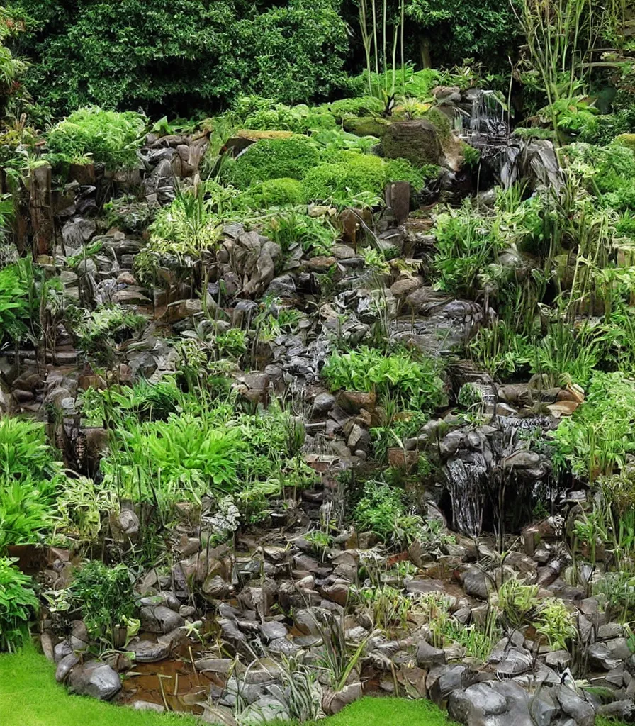 Image similar to a garden, in which there is a flowing water sculpture made of bamboo, garden landscape and symmetrical landscape ， by andre le notre ， trending ，