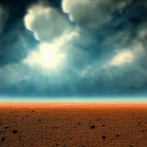 Image similar to Ground view of the surface of an exoplanet, sharp, detailed, clouds, exotic endless horizon, beautiful landscape, award winning photography