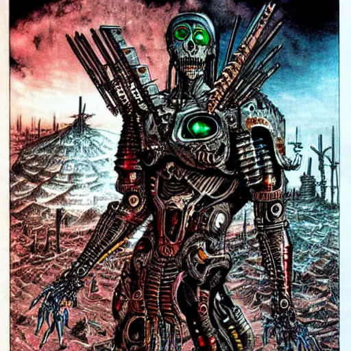 Image similar to cyborg undead Warrior, dark metal pyramids in the background, art by Philippe Druillet