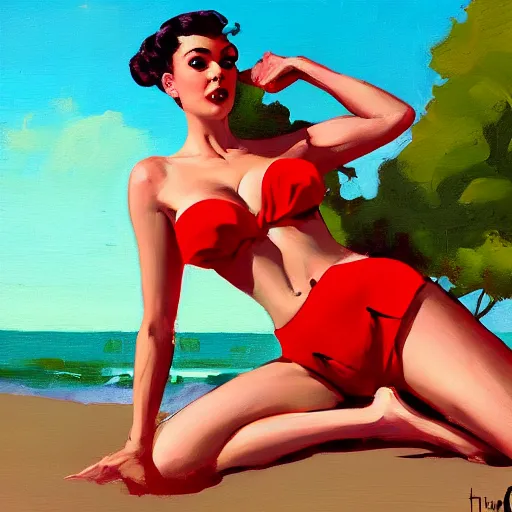 Image similar to pinup of iza in a red bikini thong, artwork by greg manchess, medium shot, asymmetrical, organic painting, sunny day, matte painting, bold shapes, hard edges, street art, trending on artstation, by huang guangjian and gil elvgren and sachin teng