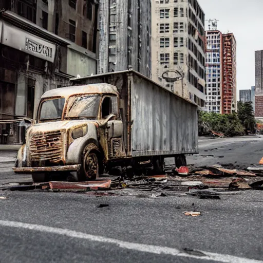 Image similar to box-truck with riveted armor plates in post apocalyptic city downtown, little debris on the road, one bent sign post with rusty danger sign on the side of the road