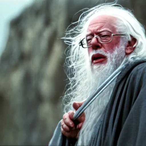 Prompt: Bernie Sanders as Gandalf the grey in full robes defending the Bridge of Khazad-dûm, 35mm film