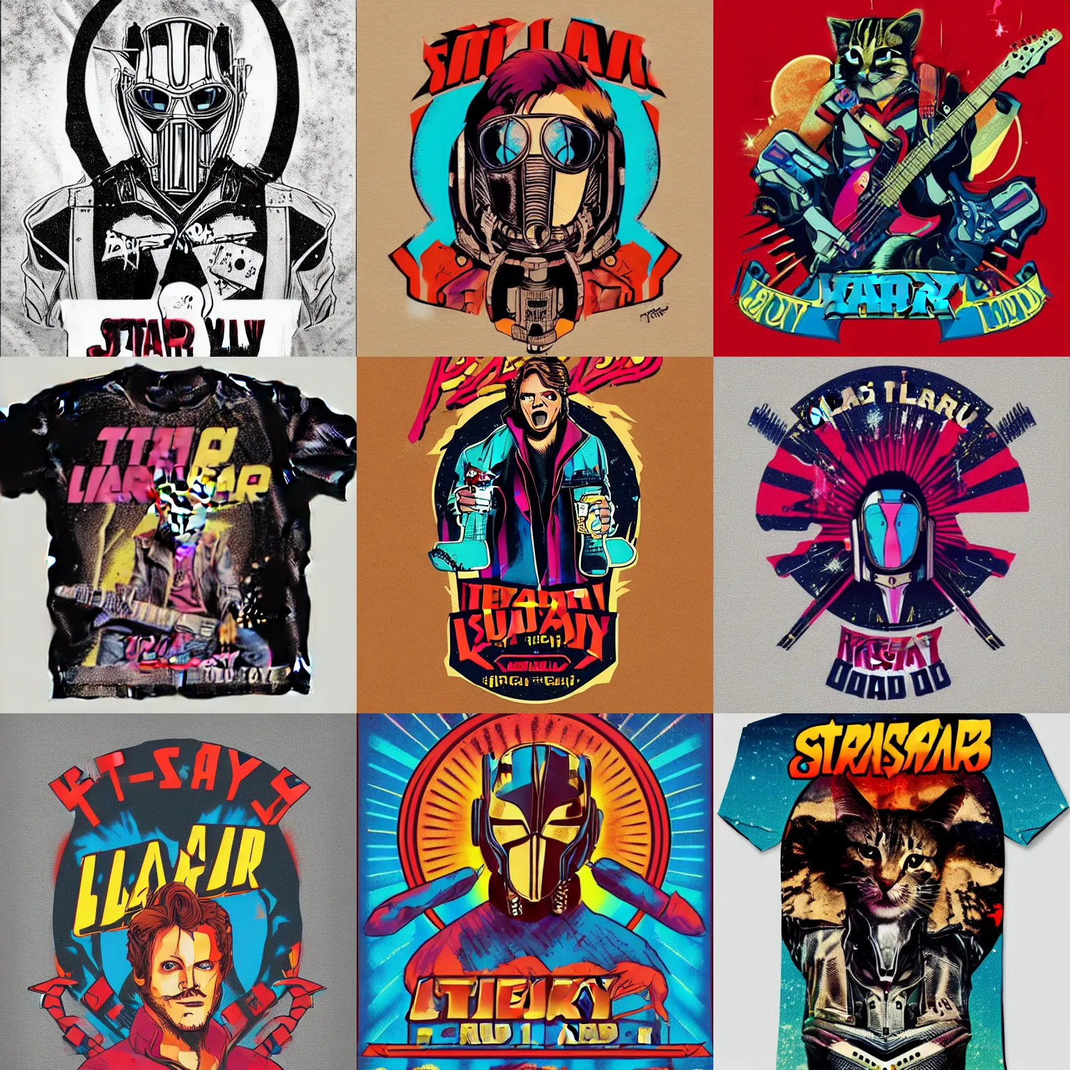 Prompt: 80s concert T-shirt design for heavy metal band “star lord” featuring tabby cat “Kira”, masterpiece, trending on artstation