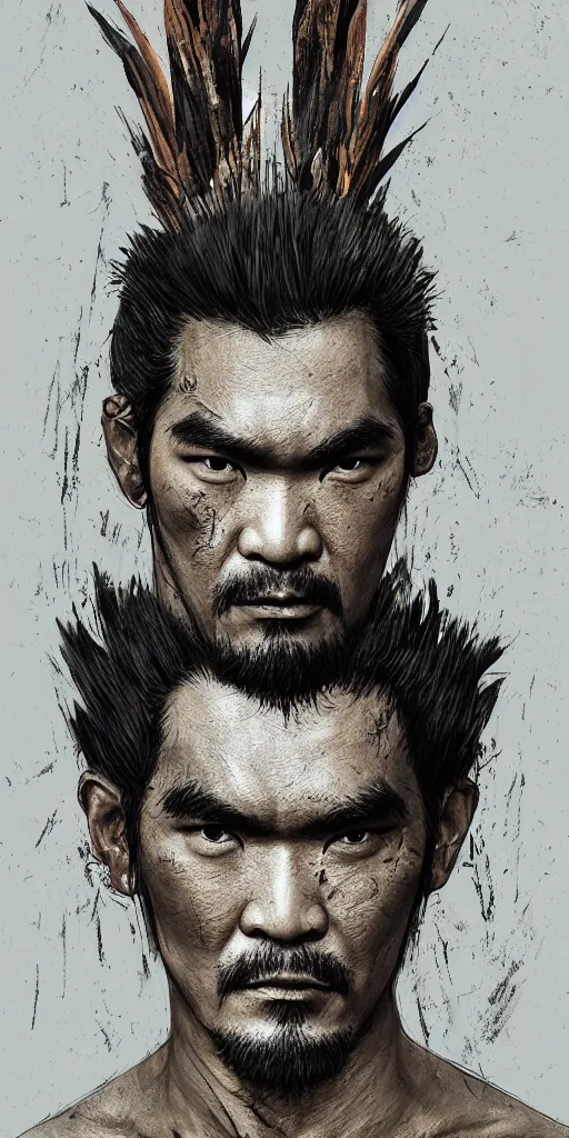 Prompt: half - body portrait, tribal headwear, muscled man, takeshi kaneshiro as a brave tribal warrior, detailed, concept art by artem priakhin