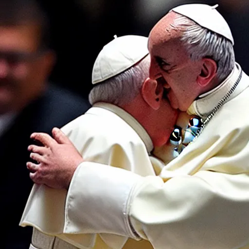 Image similar to Pope Francis hugging a fleshy otherworldly creature with many eyes and tendrils