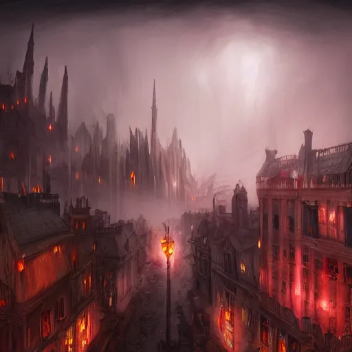 Prompt: fantasy dark vampire cityscape, painting, drone shot, lights in the dark, lanterns, fog, people in the streets, sharp roofs, city wall, smoke, dark fantasy, magic the gathering, fantastic artwork, 4 k, trending on artstation, by greg rutkovski, high fantasy, barren landscape