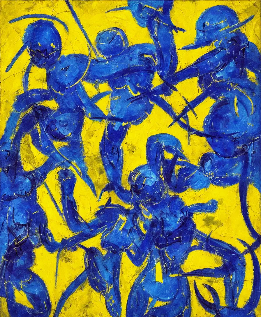 Prompt: blue and yellow warrior defeats satan, expressive abstractionism, many small saturated hard relief strokes of oil on canvas with high detail