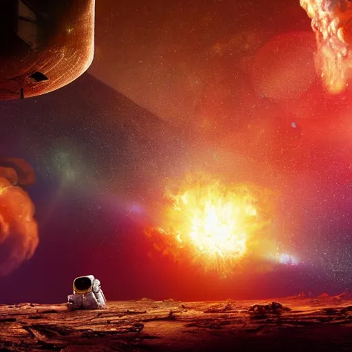 Image similar to astronaut stranded on planet, destroyed ship, exploding planet in background, impending fear, 4 k, dystopian, lonely, isolated space station in space, sci - fi, crash landing, asteroids,