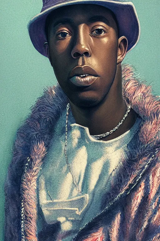 Image similar to portrait of tyler the creator with hat, staring directly into camera, intricate, elegant, glowing lights, highly detailed, digital painting, artstation, sharp focus, illustration, art by wlop, mars ravelo and greg rutkowski