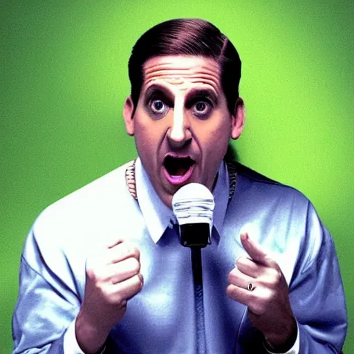 Image similar to michael scott wearing rapper clothes singing