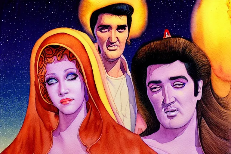 Prompt: a hyperrealist watercolour character concept art portrait of the virgin mary and elvis on well lit night in las vegas, nevada. there is a ufo. roses adorn. by rebecca guay, michael kaluta, charles vess and jean moebius giraud