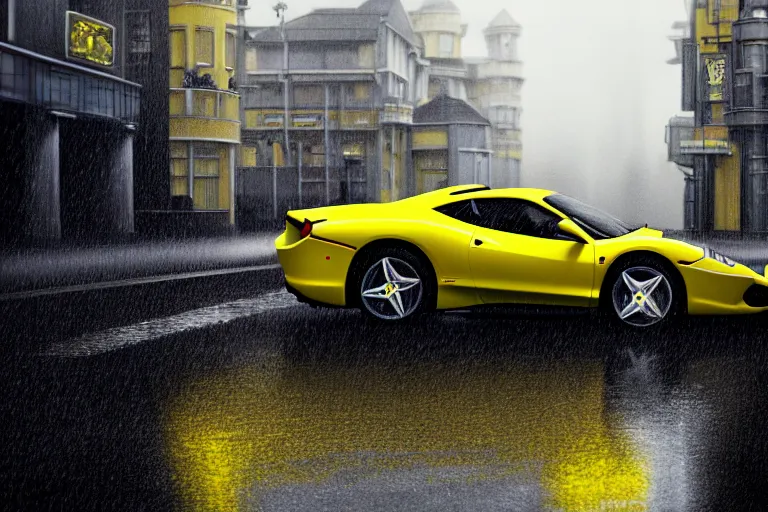 Prompt: a yellow ferrari, dynamic, on a wet london street, raining, clouwdy atmosphere, wide shot, photorealism, some reflexions, canon 5 d, studio ghibli, pixar and disney animation, sharp, very detailed, high resolution, rendered in unreal engine 5, anime key art by greg rutkowski, overcast lighting, dark