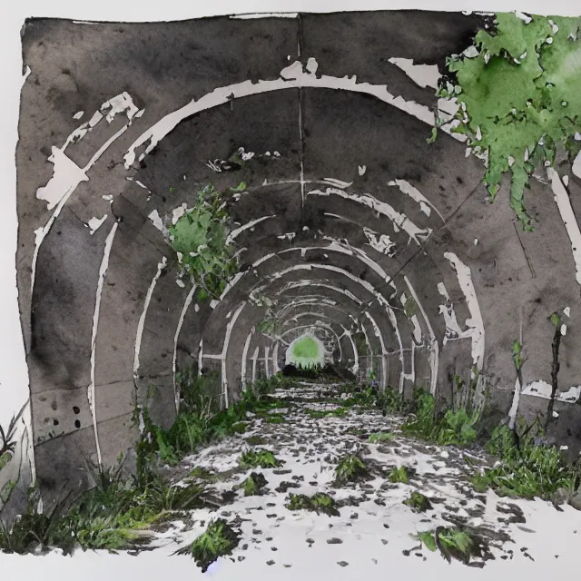 Image similar to a watercolor ink painting of the abandoned and overgrown tunnels of an post-apocalyptic arcology