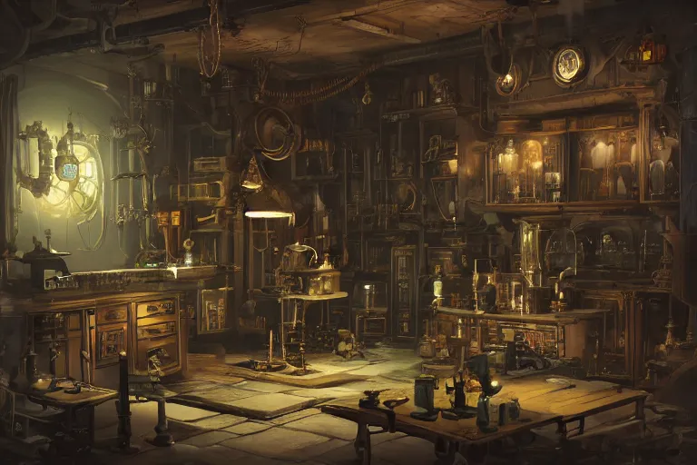 Prompt: Miniature steampunk magic laboratory in the dark, by Hubert Robert and Noah Bradley. Octane Render