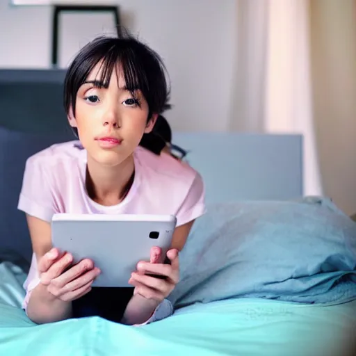 Prompt: a girl sitting on a bed with a ipad that is only 6 years old anime