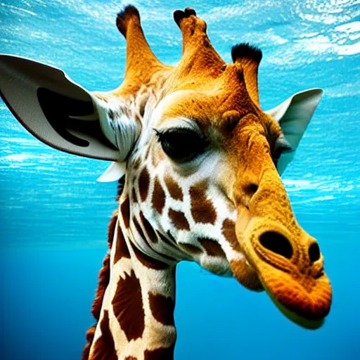 Image similar to giraffe wearing a diving mask underwater on a swimming pool