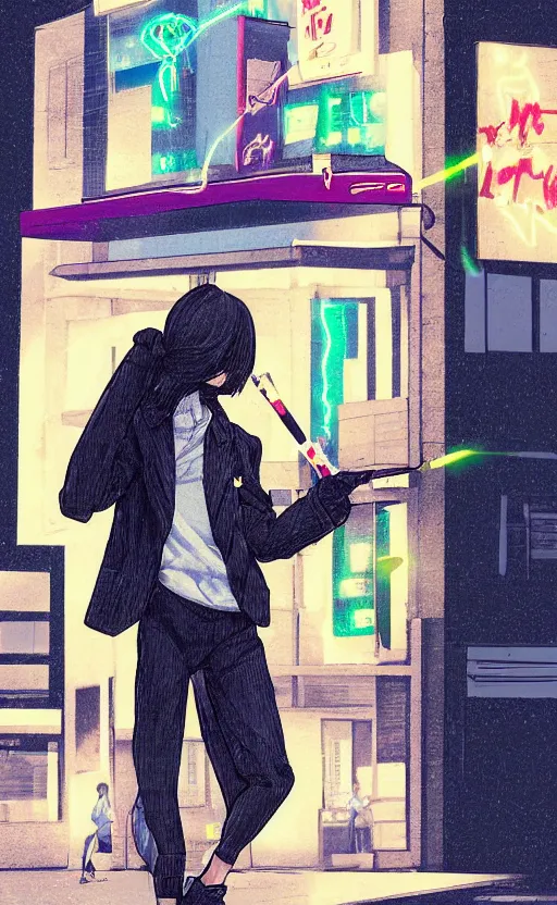 Image similar to Android wearing a school uniform, smoking a cigarette while standing on street corner lit by a neon sign”, full body shot, Digital art, detailed, anime