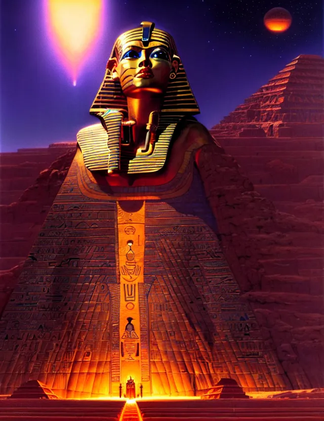 Prompt: a giant king tut mecha ufo, female statue, tim hildebrandt, wayne barlowe, bruce pennington, donato giancola, trending on artstation, cinematic composition, beautiful lighting, hyper detailed, 8 k, oil on canvas