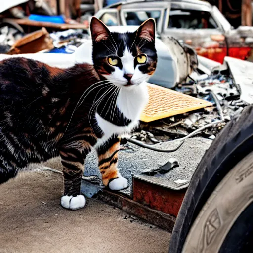 Prompt: donald rumsfeld junk yard cat, photo, detailed, 4 k