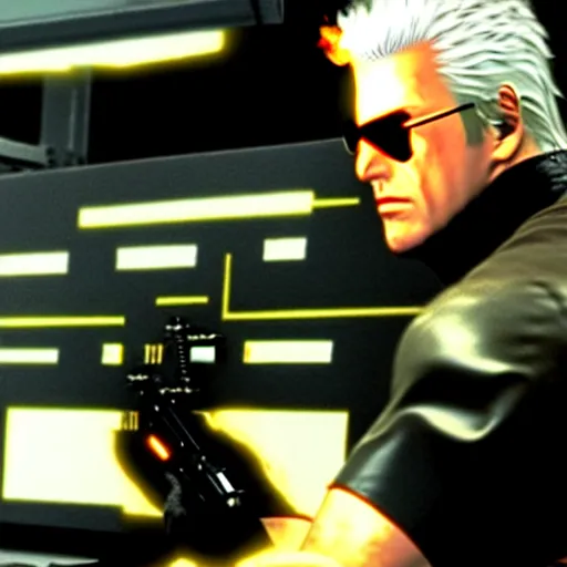 Prompt: drebin metal gear solid trying to build a desktop computer on fire, close up