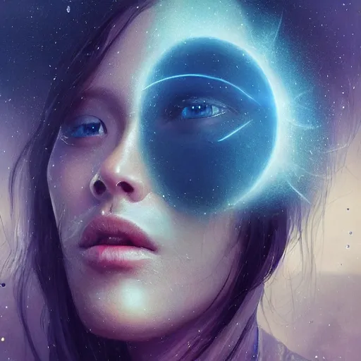 Prompt: sci - fi, close - up, 3 d, moon rays, stars, fashion model face closed eyes, cinematic, clouds, sun rays, poster art, blue mood, realistic painting, intricate oil painting, high detail illustration, figurative art, multiple exposure, water, 3 d, by tooth wu and wlop and beeple and greg rutkowski