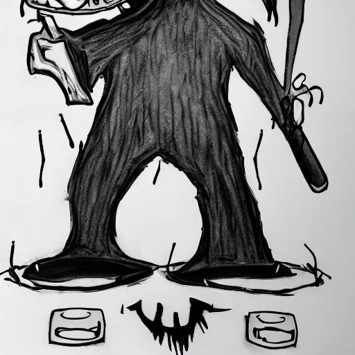 Image similar to a scary horror themed goofy-janitor, drawn with charcoal and pen and ink, half-tone-line-stacking