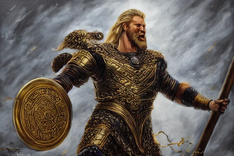 Image similar to mythological angry odin all father supreme God of thunder and smithing and artificial intelligence creating an artificial neural network with gold synapses on an anvil with his mighty hammer, high resolution, award winning art, trending on art station, sharp image, incredibly detailed, detailed character, realistic painting, hyper-realistic painting, coherent painting