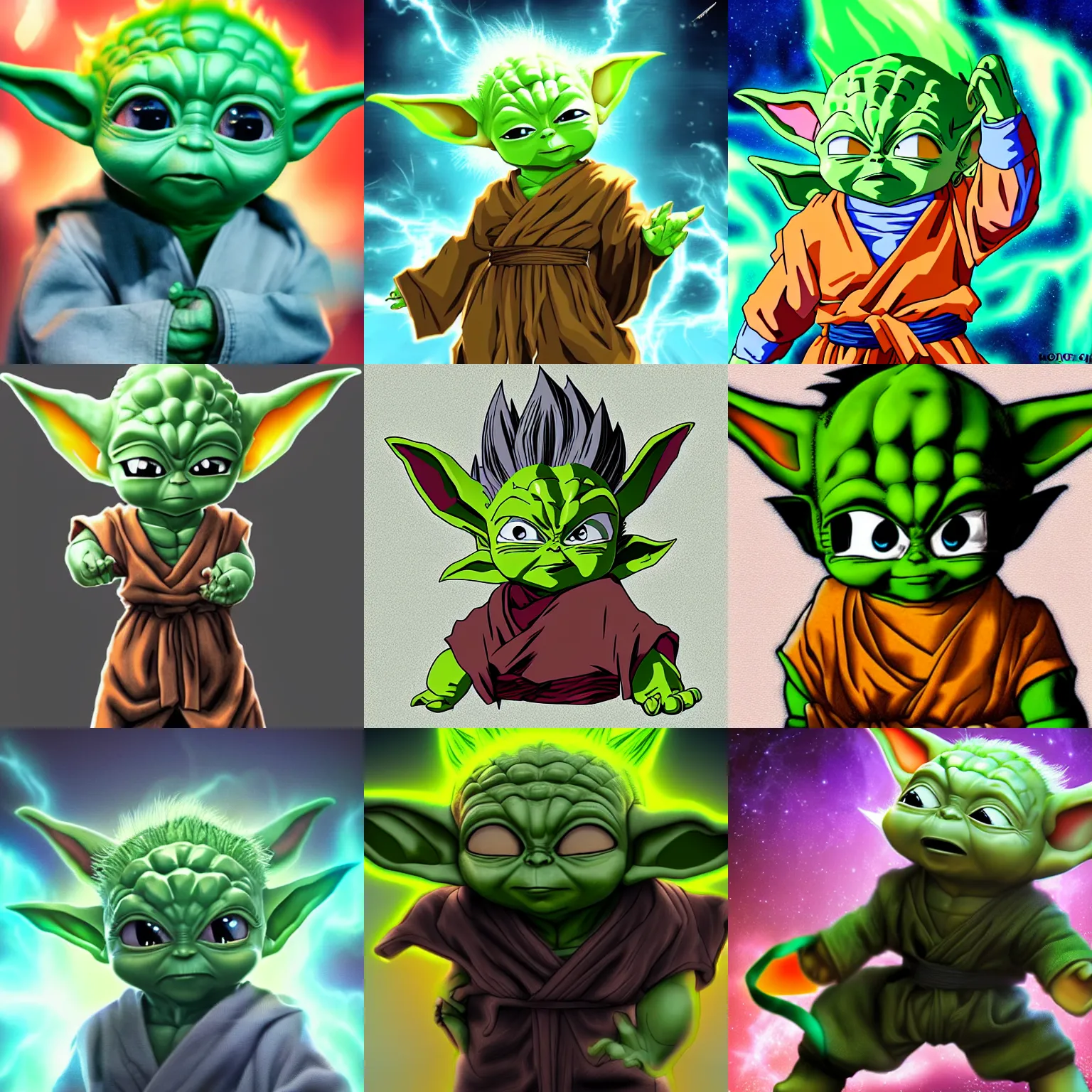Prompt: baby yoda as a super saiyan in the style of Dragonball Z, fox, anime, artstation, highly detailed