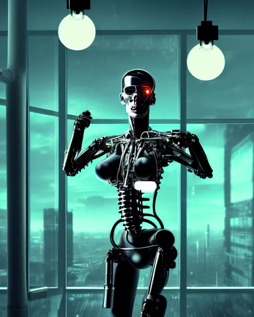 Prompt: a terminator cyborg lady with borg implants, and is hanging from cables and wires off the ceiling of a lab. her bottom half is missing with cables hanging out. she is taking a sip from a cup of coffee. tiny green led lights in her cybernetics. sophisticated lab in the background, with dystopian city visible through the window. very detailed 8 k. horror cyberpunk style.