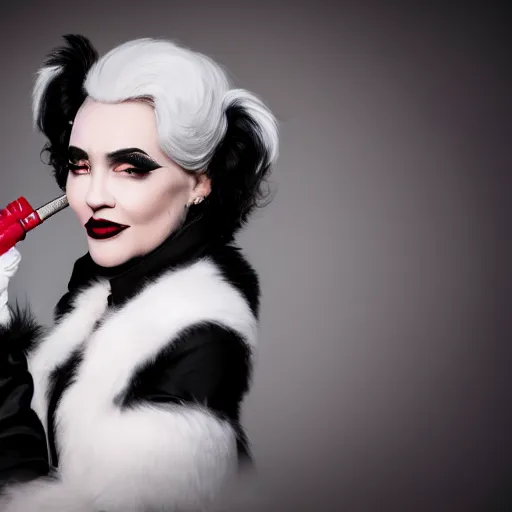 Prompt: disney cruella devilla, 8 k, professional photography, cinematic shot, dark, smoke