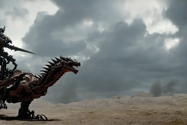 Image similar to cinematic still of westworld, a intact si - fi robotic fantasy dragon, well armored mech dragon, highly detailed