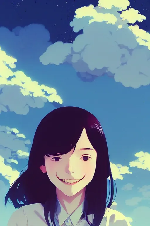 Image similar to portrait of a smiling girl by ilya kuvshinov, cloudy sky background lush landscape ln illustration concept art anime key visual trending pixiv by victo ngai fanbox by greg rutkowski makoto shinkai takashi takeuchi studio ghibli