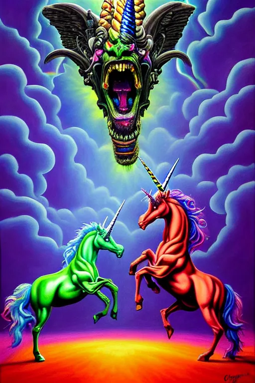 Image similar to a hyperrealistic painting of an epic boss fight against a rainbow shaded unicorn vs an ornate supreme dark overlord, cinematic horror by chris cunningham, lisa frank, richard corben, highly detailed, vivid color,