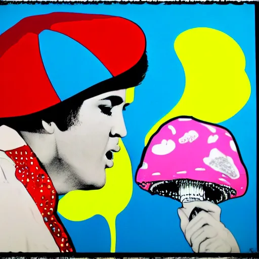 Prompt: Elvis Presley, pop art, cotton Candy, mushroom guitar,