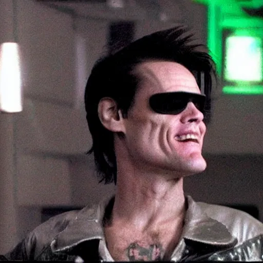 Prompt: very wellmade photo of young Jim Carrey as a scifi futuristic cyberpunk hacker