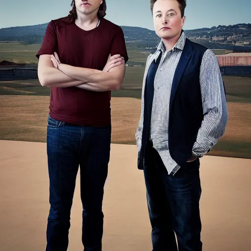 Image similar to A portrait photo of Elon Musk teams up with a teenage Elon Musk, perfect faces, 50 mm, award winning photography