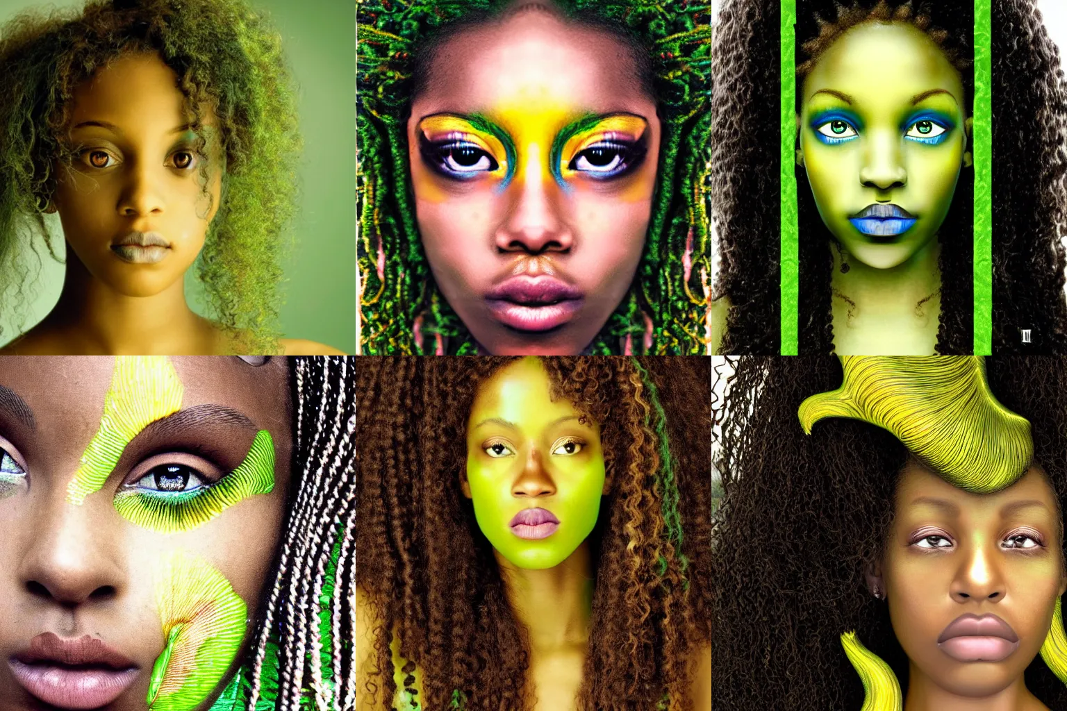 Prompt: symmetrical and ethereal face of a half mermaid half African curly woman with yellow green eyes, 2008 cinematography