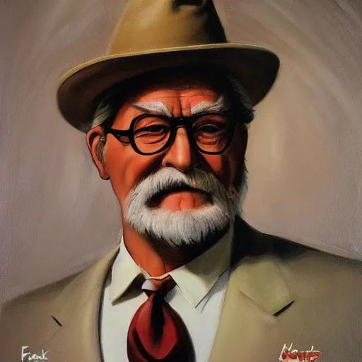 Image similar to an ultra - realistic portrait painting of colonel sanders in the style of frank frazetta. 4 k. ultra - realistic. highly detailed. dark fantasy. epic lighting.