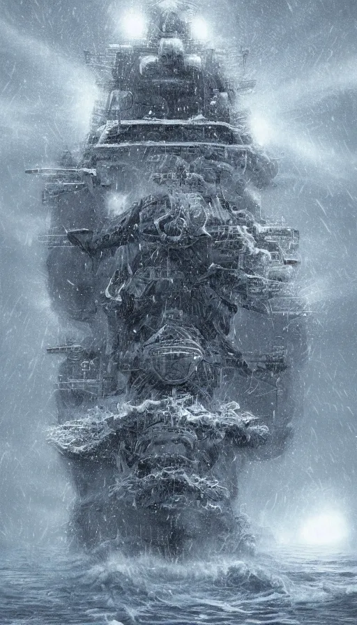 Prompt: Science fiction, ship in ice, high detail, blizzard, fantastic creature, Isaac Clark