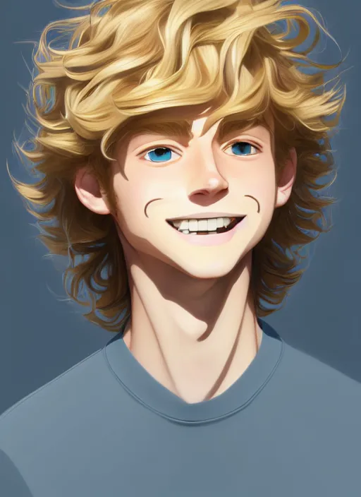 Prompt: young man with medium - length, curly, golden hair, perfectly proportioned face, aquamarine and big eyes, sweet smile, natural lighting, path traced, highly detailed, high quality, cartoon, digital painting, by new haicheng and studio ghibli