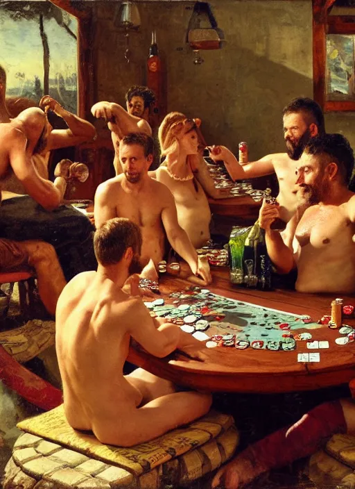 Prompt: large octoberfest invite card, shirtless man eating playing poker, angry, beer bottles, hot dogs on table, photoshoot, 4 k, hyper realistic, natural, highly detailed, digital illustration, trending in artstation, classical painting, smooth, sharp focus art by ilya repin