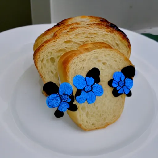 Prompt: [ bread toast ] wearing [ rounded black eyeglasses and blue flower ]