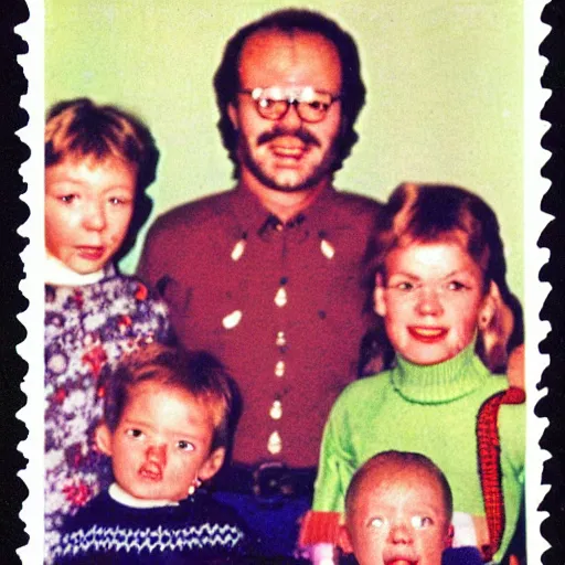 Prompt: alien at a soviet christmas, family photo, 1 9 7 0 s, eikon 5 0 mm, camera flash